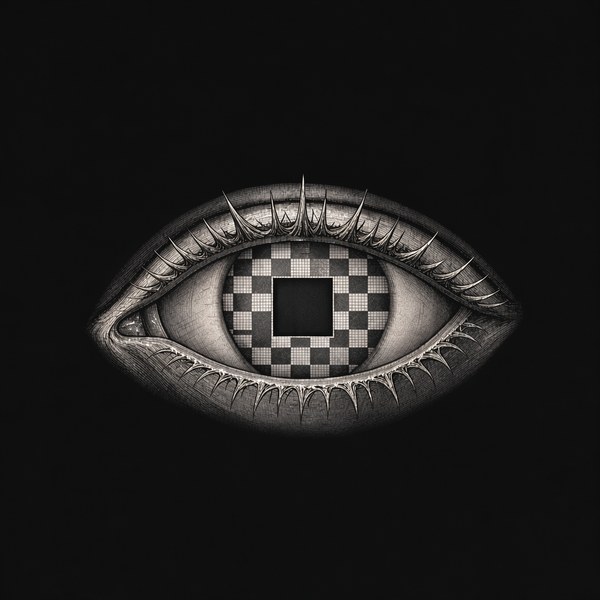 An engraved eye with a checkered iris and a square pupil.
